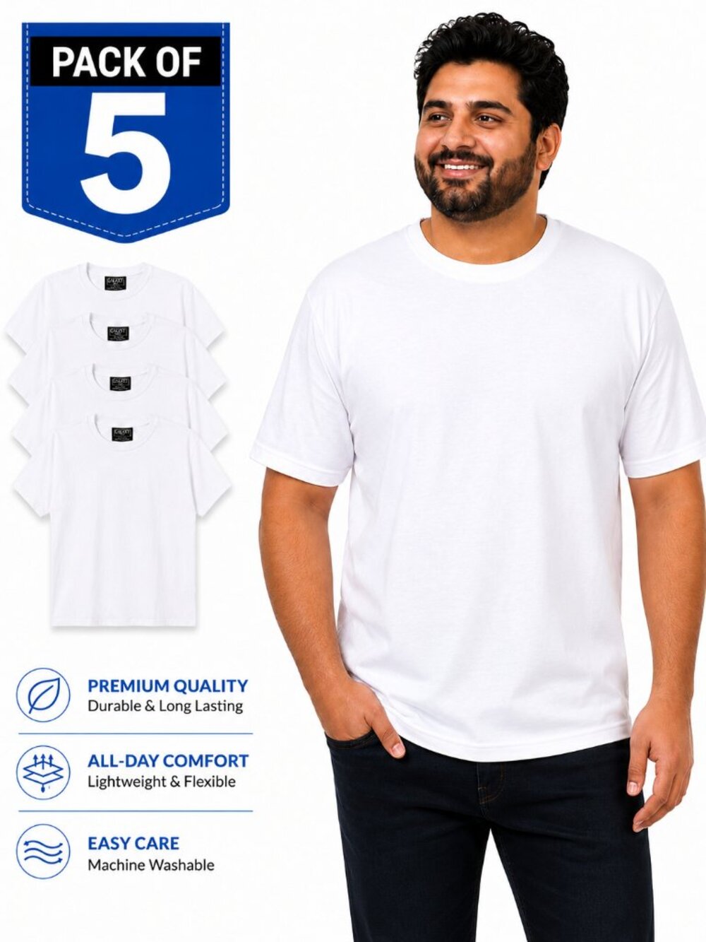 Men's Plain White Crew Neck Oversized T-Shirts Packof 5 Big & Tall 3XL-4XL